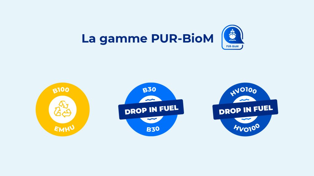 La gamme PUR-BioM et les différents biocarburants proposés par Altens : B100, B30 et HVO100.